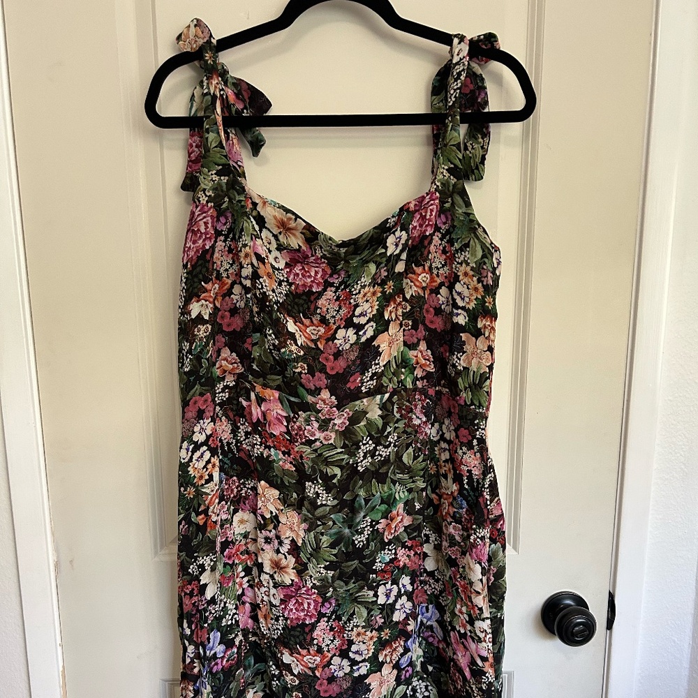 Handmade Square Neck Tie-Strap Black Floral Dress | Sz. 10-12